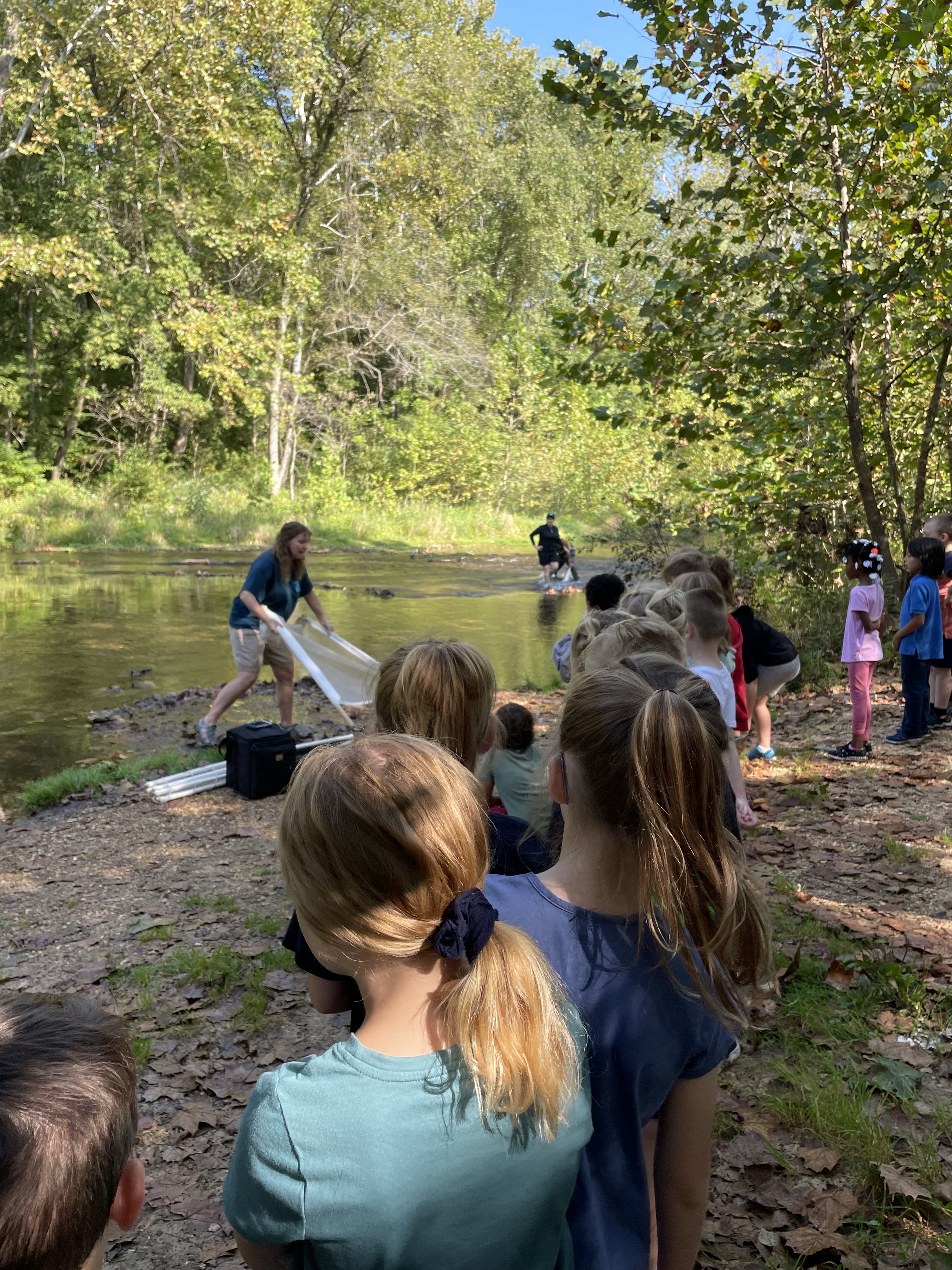 Faculty member standing in stream teaching while elementary students watch
